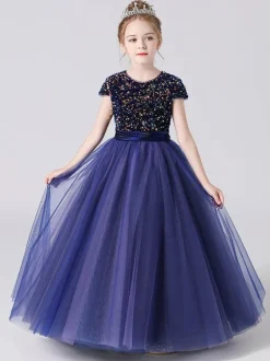 Robe de cortège enfant robe fille cérémonie rose paillete col rond manche courte au sol jupe en tulle noeud sur dos