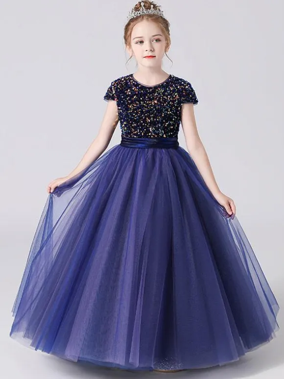 Robe de cortège enfant robe fille cérémonie rose paillete col rond manche courte au sol jupe en tulle noeud sur dos