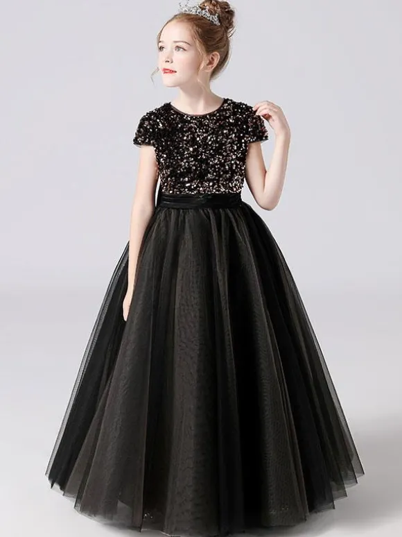 Robe de cortège enfant robe fille cérémonie rose paillete col rond manche courte au sol jupe en tulle noeud sur dos