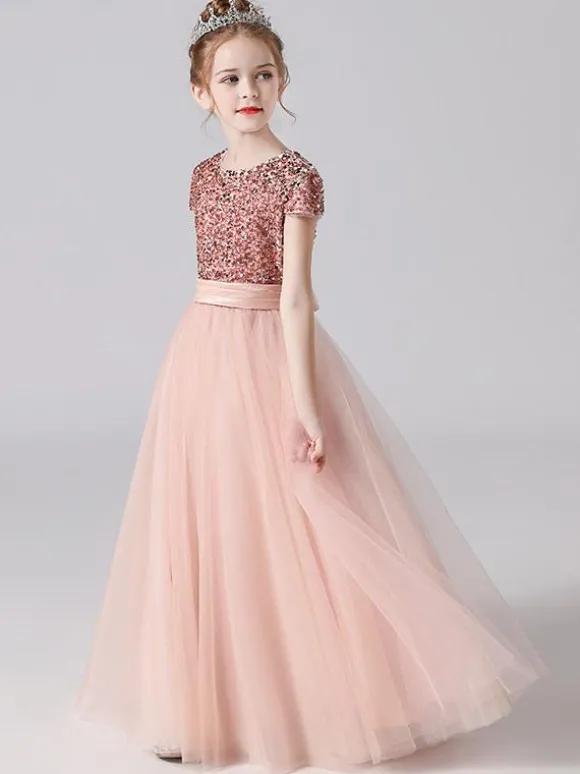 Robe de cortège enfant robe fille cérémonie rose paillete col rond manche courte au sol jupe en tulle noeud sur dos