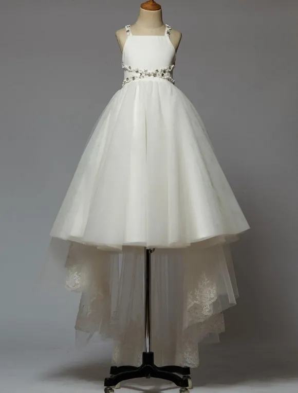 Robe de cortège enfant robe cérémonie fille asymétrique blanche à bretelle décoré des perles