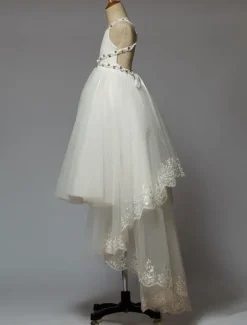 Robe de cortège enfant robe cérémonie fille asymétrique blanche à bretelle décoré des perles