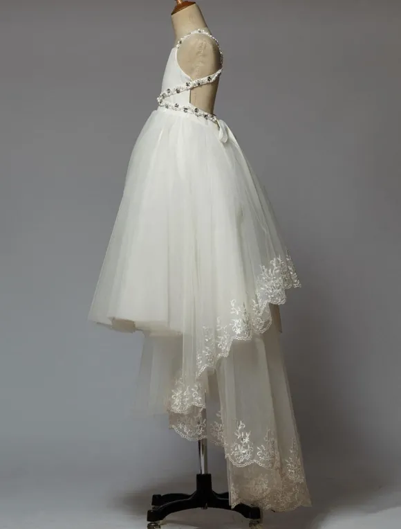 Robe de cortège enfant robe cérémonie fille asymétrique blanche à bretelle décoré des perles