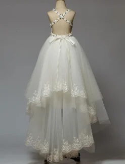 Robe de cortège enfant robe cérémonie fille asymétrique blanche à bretelle décoré des perles