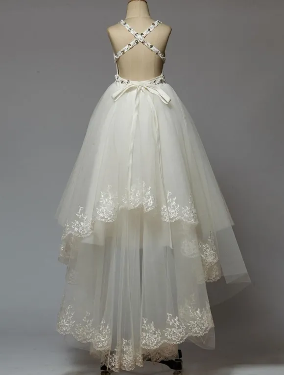 Robe de cortège enfant robe cérémonie fille asymétrique blanche à bretelle décoré des perles