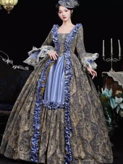 Robe de costume Marie-Antoinette en jacquard de polyester à volants bleu rétro pour femme costume rétro du XVIIIe siècle