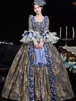 Robe de costume Marie-Antoinette en jacquard de polyester à volants bleu rétro pour femme costume rétro du XVIIIe siècle