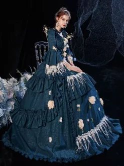 Robe De Costume Rétro Victorienne Rococo Imprimé Floral Bleu Marine Cosplay Costume Carnaval