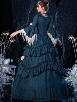 Robe De Costume Rétro Victorienne Rococo Imprimé Floral Bleu Marine Cosplay Costume Carnaval