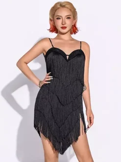 Robe de danse latine à franges robe en polyester pour femme costume de danseuse spaghetti