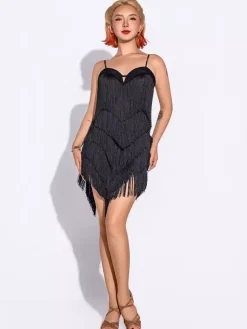 Robe de danse latine à franges robe en polyester pour femme costume de danseuse spaghetti