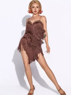 Robe de danse latine à franges robe en polyester pour femme costume de danseuse spaghetti