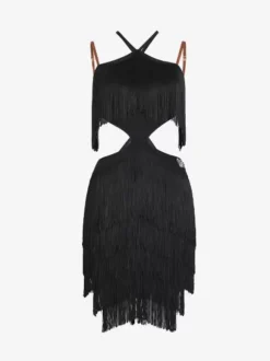 Robe de danse latine noire ensemble dos nu à franges costume de danse