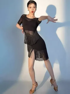 Robe de danse latine noire pour femme à franges en maille manches courtes sexy en polyester