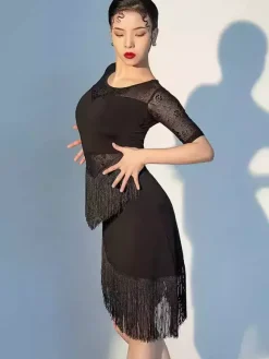 Robe de danse latine noire pour femme à franges en maille manches courtes sexy en polyester
