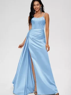 Robe de demoiselle d'honneur robe de bal longueur au sol fermeture éclair en Satin tissé élastique robe de soirée de mariage