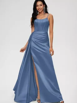 Robe de demoiselle d'honneur robe de bal longueur au sol fermeture éclair en Satin tissé élastique robe de soirée de mariage