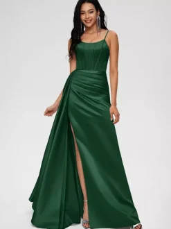 Robe de demoiselle d'honneur robe de bal longueur au sol fermeture éclair en Satin tissé élastique robe de soirée de mariage