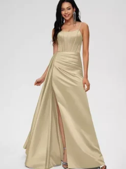 Robe de demoiselle d'honneur robe de bal longueur au sol fermeture éclair en Satin tissé élastique robe de soirée de mariage
