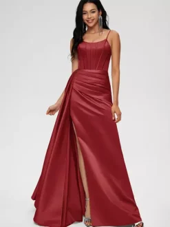 Robe de demoiselle d'honneur robe de bal longueur au sol fermeture éclair en Satin tissé élastique robe de soirée de mariage
