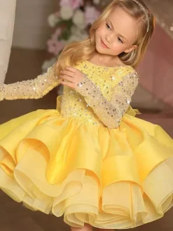 Robe de demoiselle d'honneur fille tulle perlé col bijou manches longues champagne