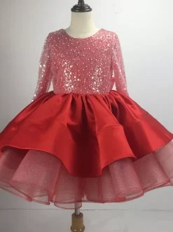 Robe de demoiselle d'honneur fille tulle perlé col bijou manches longues champagne