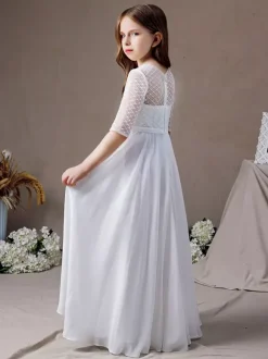 Robe de demoiselle d'honneur fille dentelle dentelle col bijou demi-manches ivoire