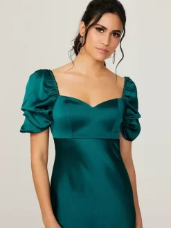 Robe de demoiselle d'honneur courte élastique en soie comme du Satin manches courtes dos nu col en c艙ur robes de soirée de mariage