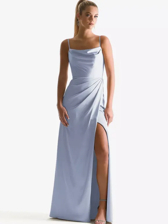 Robe de demoiselle d'honneur à bretelle zip sur dos jupe fendue au sol