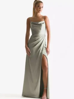 Robe de demoiselle d'honneur à bretelle zip sur dos jupe fendue au sol