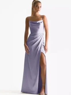 Robe de demoiselle d'honneur à bretelle zip sur dos jupe fendue au sol