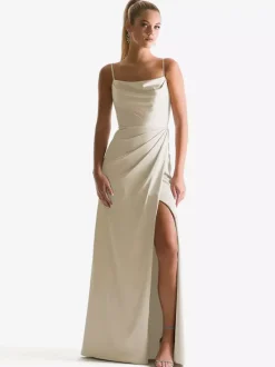 Robe de demoiselle d'honneur à bretelle zip sur dos jupe fendue au sol