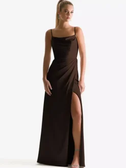 Robe de demoiselle d'honneur à bretelle zip sur dos jupe fendue au sol