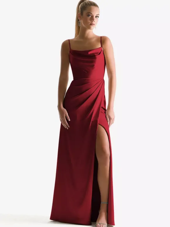 Robe de demoiselle d'honneur à bretelle zip sur dos jupe fendue au sol