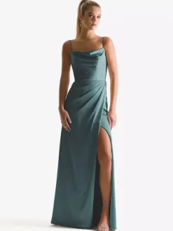 Robe de demoiselle d'honneur à bretelle zip sur dos jupe fendue au sol