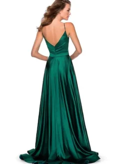 Robe de demoiselle d'honneur longue vert forêt en satin de soie stretch col V dos nu jupe fendue robe de soirée