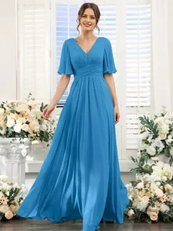 Robe de demoiselle d'honneur en mousseline coupe trapèze longueur au sol pour mariage