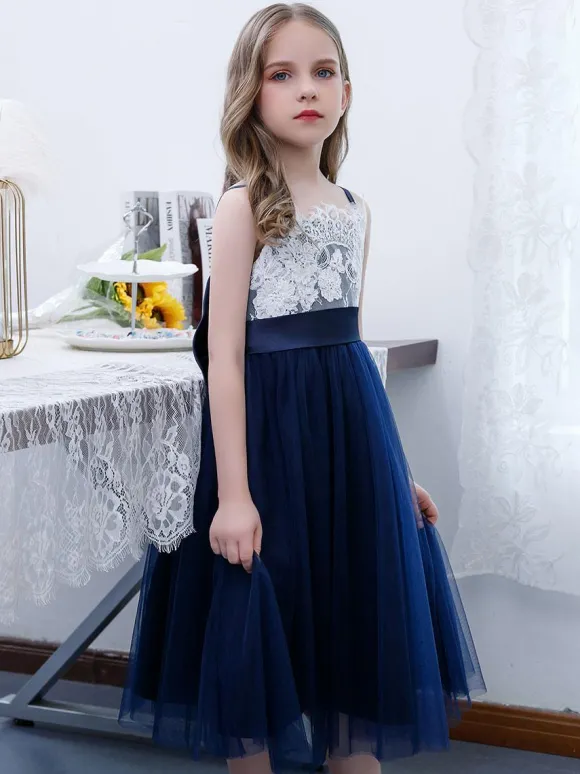 Robe de demoiselle d'honneur fille en mousseline de soie dentelle col carré sans manches bleu marine foncé