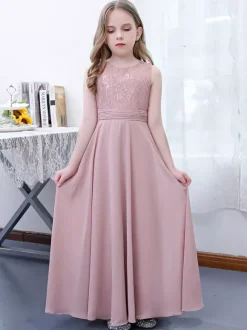 Robe de demoiselle d'honneur fille mousseline de soie dentelle col bijou sans manches rose lotus