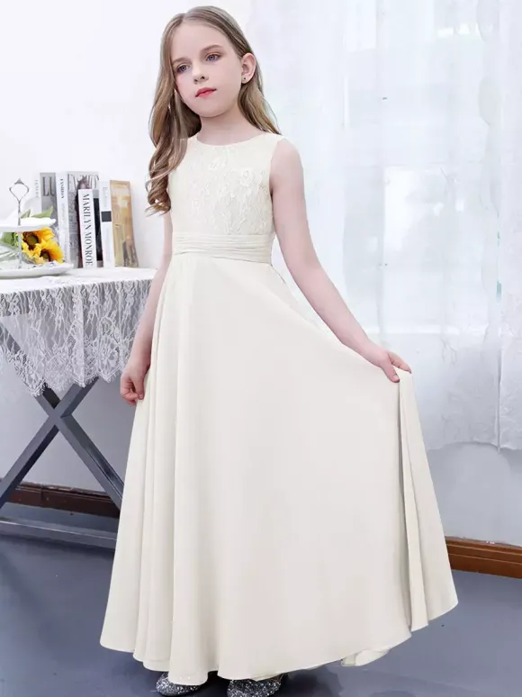Robe de demoiselle d'honneur fille mousseline de soie dentelle col bijou sans manches rose lotus