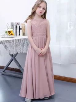 Robe de demoiselle d'honneur fille mousseline de soie dentelle col bijou sans manches rose lotus