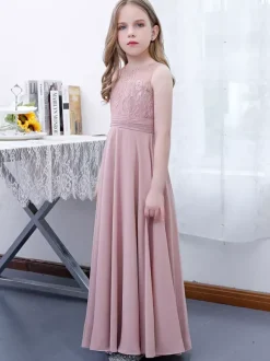 Robe de demoiselle d'honneur fille mousseline de soie dentelle col bijou sans manches rose lotus