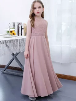 Robe de demoiselle d'honneur fille mousseline de soie dentelle col bijou sans manches rose lotus