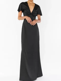 Robe de demoiselle d'honneur robe cocktail mariage col V manche courte zip sur dos