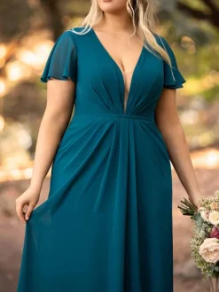 Robe de demoiselle d'honneur robe de cocktail de mariage col V plongeant manche courte
