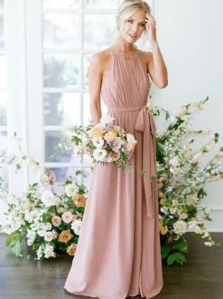 Robe de demoiselle d'honneur Robe trapèze col rond décolleté en mousseline de soie longueur au sol robe de soirée