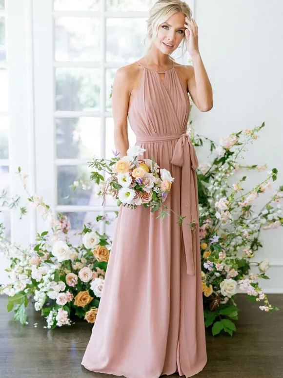 Robe de demoiselle d'honneur Robe trapèze col rond décolleté en mousseline de soie longueur au sol robe de soirée