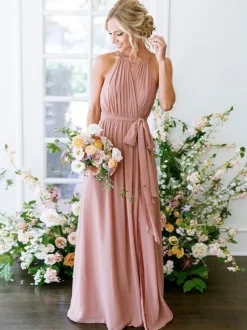 Robe de demoiselle d'honneur Robe trapèze col rond décolleté en mousseline de soie longueur au sol robe de soirée