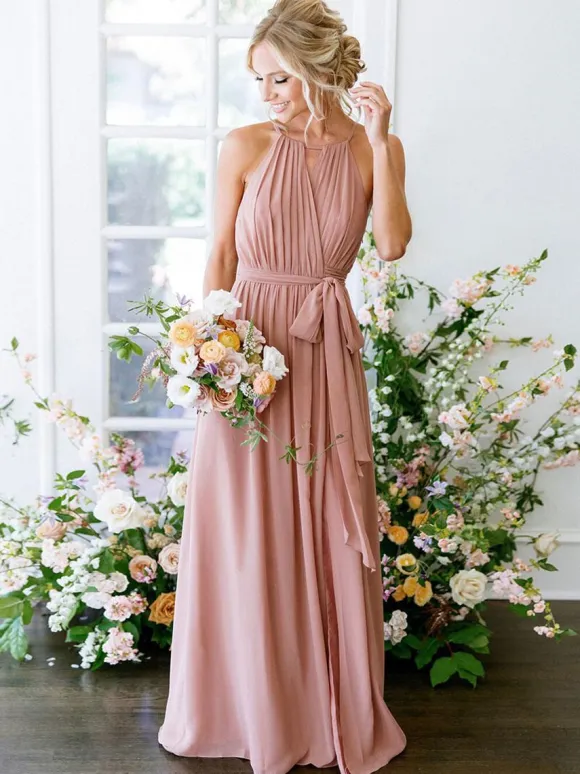 Robe de demoiselle d'honneur Robe trapèze col rond décolleté en mousseline de soie longueur au sol robe de soirée