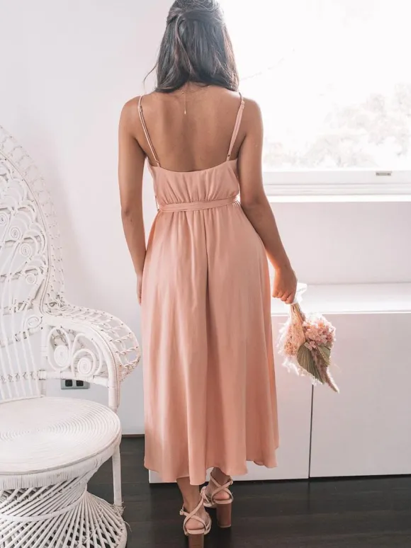 Robe de demoiselle d'honneur saumon rose col V à bretelle robe de soirée de mariage